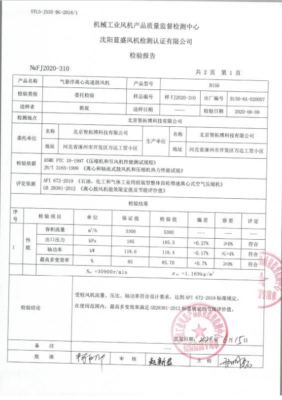 氣懸浮離心鼓風(fēng)機(jī)檢測(cè)報(bào)告